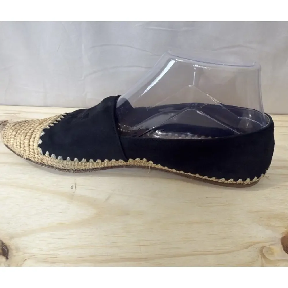 Tory Burch Arianne Espadrilles Black Suede Raffia Logo Flats Women's Size 8M